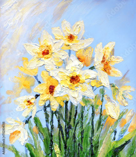 Oil painting. Yellow daffodils in the garden