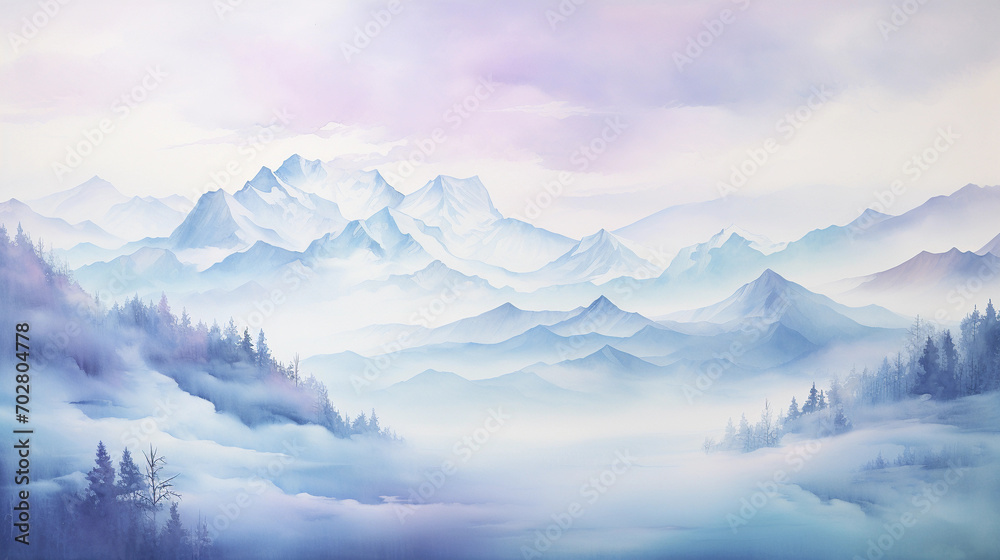 Serene Watercolor Mountains Painting Peaceful Scenery on a Monochromatic Background