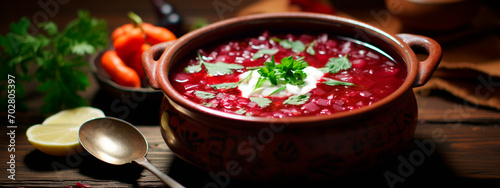 Red borscht in a plate. Selective focus. photo