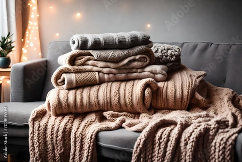  handmade sweaters on gray sofa in the living room, cozy blanket and decorative lights as background. Knitted warm clothing. Knitwear care 