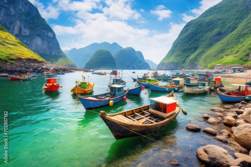 A traditional fishing village with colorful boats lined up along the shore