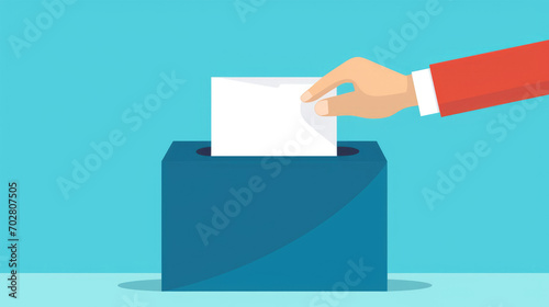 Illustration of Hand Introducing Vote in a Ballot Box with copyspace on blue background photo