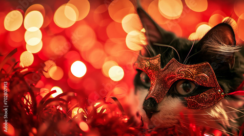 cat wearing Venetian Masks On Red Glitter With Shiny Streamers On Abstract Defocused Bokeh Lights. Generative AI © Fuji