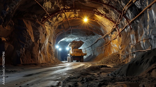 Deep tunnel with a large truck carrying rock for mining