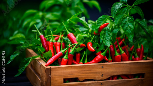 chili peppers in a box in the garden. Selective focus.