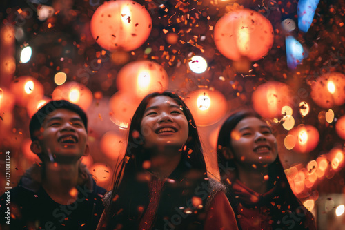 Cheerful group of Asian teenagers celebrating Chinese New Year. Happy young friends having fun during New Year celebration in Asian town.