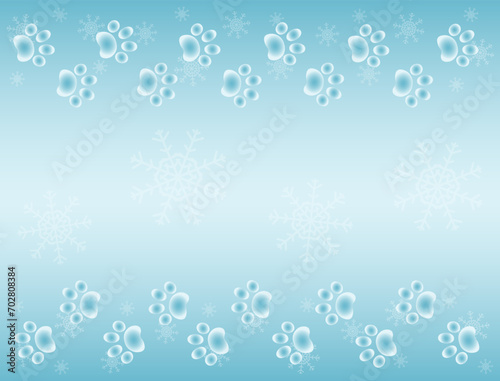Blue winter snowy background border with paw prints dog and snowflakes.