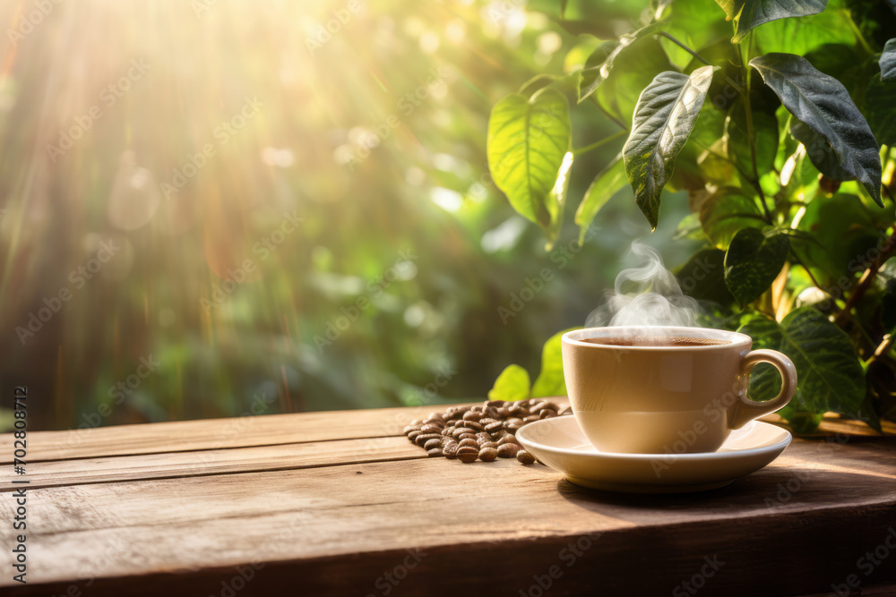 Steaming white cup of fresh coffee on a wooden table on tropical vegetation background. Sunny summer day at coffee plantation. Steaming white cup of fresh coffee on a wooden table on tropical vegetation background. Sunny summer day at coffee plantation.