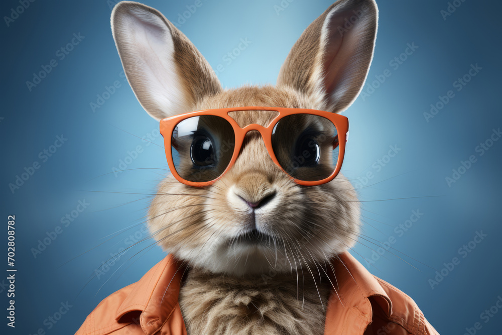 Funny Easter bunny with sunglasses on a blue background, close-up portrait