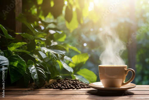 Steaming white cup of fresh coffee on a wooden table on tropical vegetation background. Sunny summer day at coffee plantation. photo