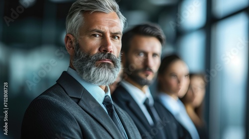 Handsome senior executive in a power suit confidently leading of team.