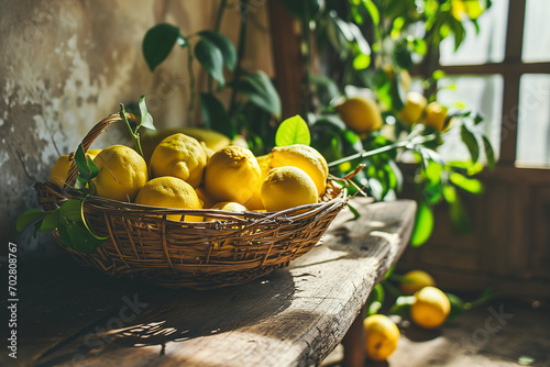 Golden Zest: Ripe Lemons in Rustic Basket on Wooden Backdrop