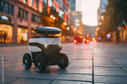 Modern automated food delivery robot riding on city street. Autonomous package delivery bot. Cost-efficient and energy-efficient last mile deliveries. Motion blur.