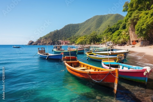A traditional fishing village with colorful boats lined up along the shore © PinkiePie