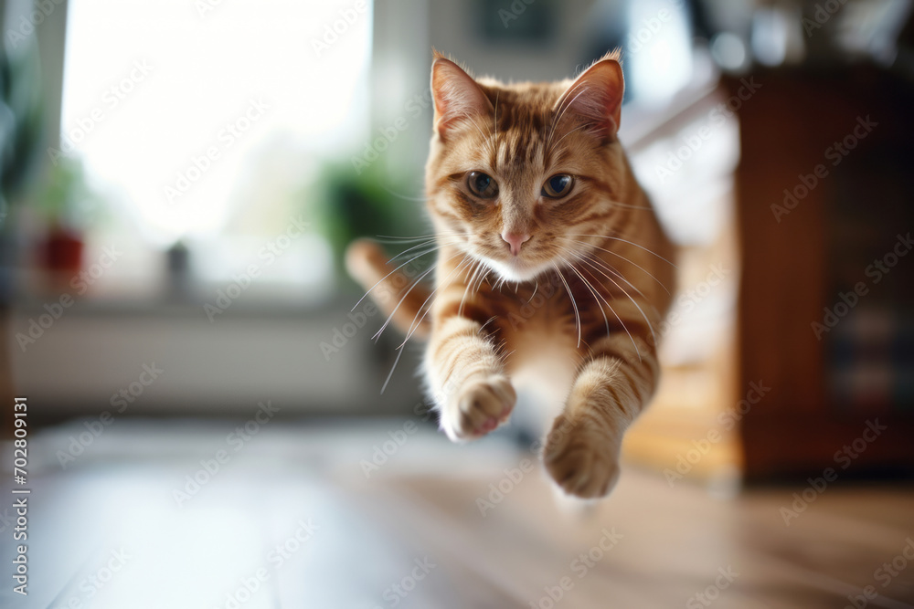 Ginger cat jumping around playing with a cat toy at home. Having fun with pets indoors. Super wide angle shot. Ginger cat jumping around playing with a cat toy at home. Having fun with pets indoors. Super wide angle shot.