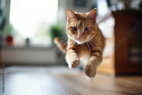 Ginger cat jumping around playing with a cat toy at home. Having fun with pets indoors. Super wide angle shot.
