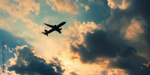 silhouette of a plane flying through the sky after take off. Going on vacation. Cloudy sky.