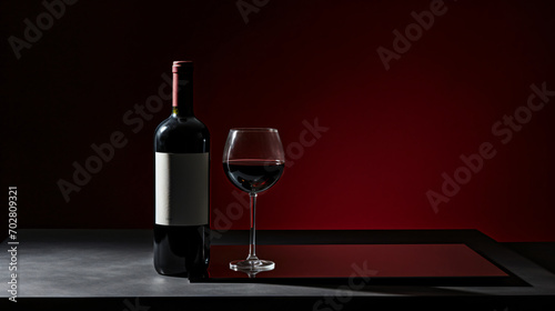 A bottle and a glass of red wine stand