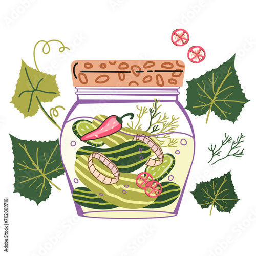 Cucumbers pickled vegetable jar, hand drawn vector illustration isolated on white background. Pickles in jar with leaves and spices for canned and healthy food.