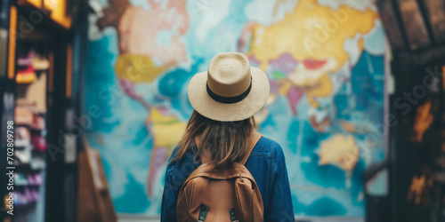A young woman wearing a hat, looking at a map on a wall. Planning a vacation or holiday. Wanderlust