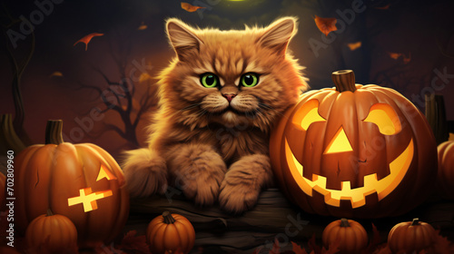 A_cat_lounges_among_a_pile_of_pumpkins_its_eyes © Reema