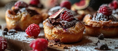 Pastries topped with chocolate  raspberries  and figs. Close-up of baking muffins.