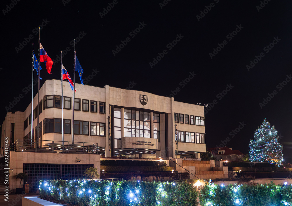 The main building of the National Council of the Slovak Republic is located on Castle Hill, right next to Bratislava Castle. Slovak Parliament building at night.