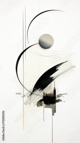 A black and white abstract painting with circles and lines