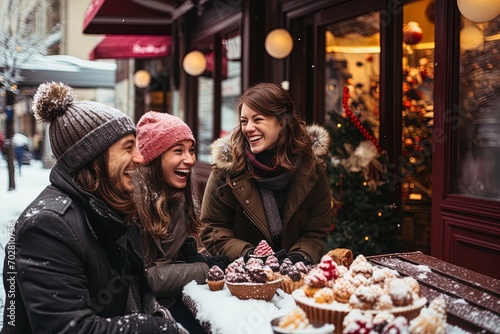 Charm your senses with this vibrant street feast! A group of friends, clad in warm mittens, indulge in outdoor bliss, savoring a tempting cookie.