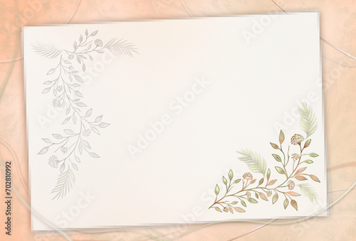 Elegant floral wedding invitation or greeting mockup in light apricot- beige tones ribbons decorative elements. Top view flat lay. Free copy space