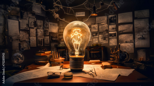 Incandescent light bulb with différent things on a desk and documents on the wall