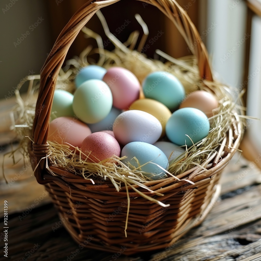 Basket of pastel Easter eggs Basket of pastel Easter eggs