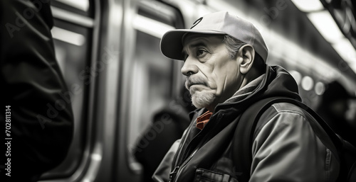 Senior man with contemplative expression riding in a subway car