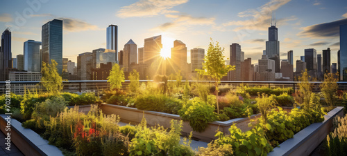 Urban garden with lush greenery at sunset in city