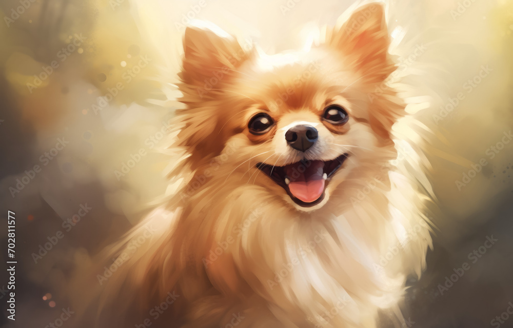 Portrait of a cute pomeranian dog on a watercolor painting background