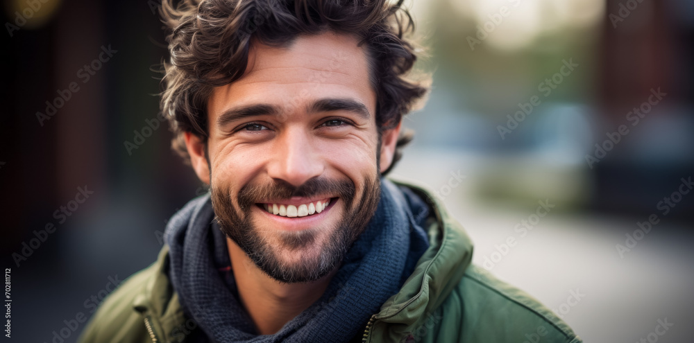 Portrait of handsome young man smiling at camera in the city. Portrait of handsome young man smiling at camera in the city.