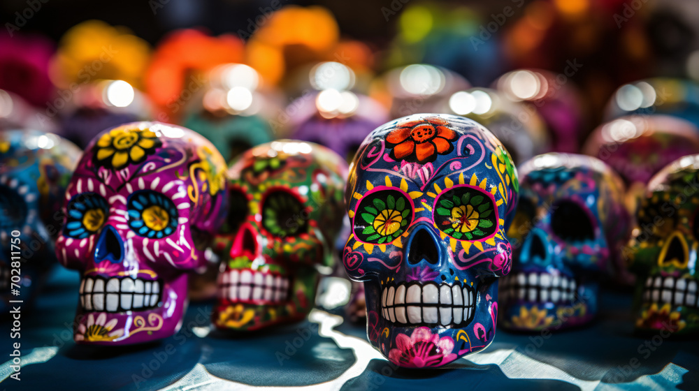 A close up of intricately painted sugar skulls