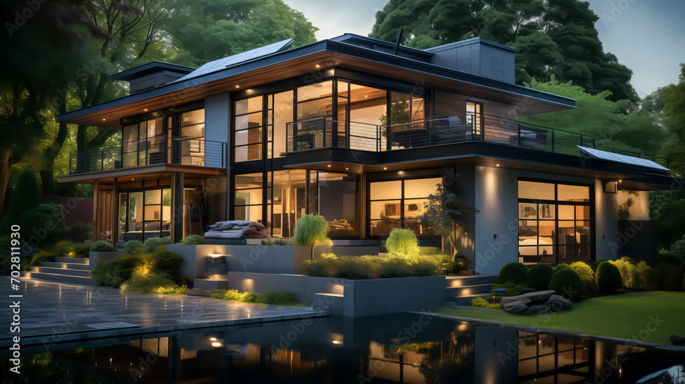 Twilight ambience at a modern home with reflective water features Twilight ambience at a modern home with reflective water features