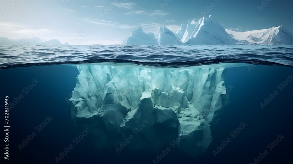 Amazing white iceberg floats in the ocean with a view underwater. Hidden Danger and Global Warming Concept. Tip of the iceberg. Half underwater. Greenland
Amazing white iceberg floats in the ocean with a view underwater. Hidden Danger and Global Warming Concept. Tip of the iceberg. Half underwater. Greenland