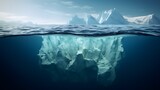 Amazing white iceberg floats in the ocean with a view underwater. Hidden Danger and Global Warming Concept. Tip of the iceberg. Half underwater. Greenland
