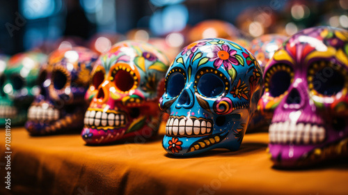 A close up of intricately painted sugar skulls