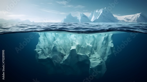 Amazing white iceberg floats in the ocean with a view underwater. Hidden Danger and Global Warming Concept. Tip of the iceberg. Half underwater. Greenland 
