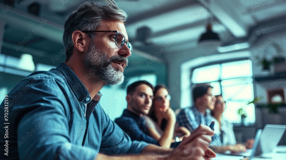 Man meeting with team in office for sharing idea innovating solutions for software development in a tech company. Man meeting with team in office for sharing idea innovating solutions for software development in a tech company.