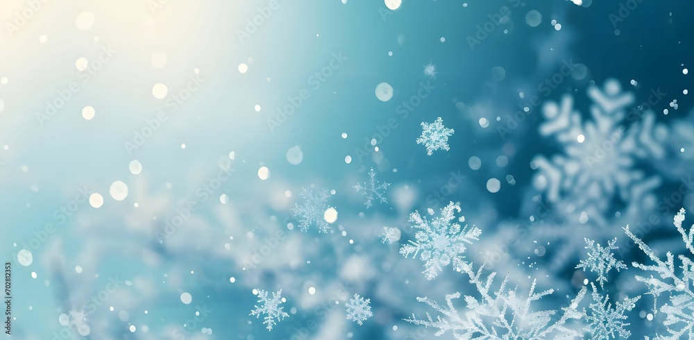 Winter Sky Elegance - Snowflakes Background Over a Serene Blue Sky, Light Teal and Light Blue Palette