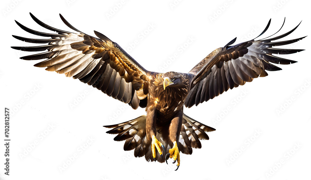 Obraz premium A golden eagle in flight with wide open wings isolated on a white background