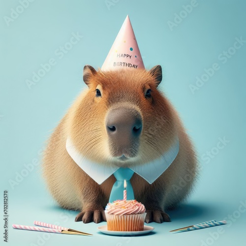 funny capybara with celebration hat
 photo