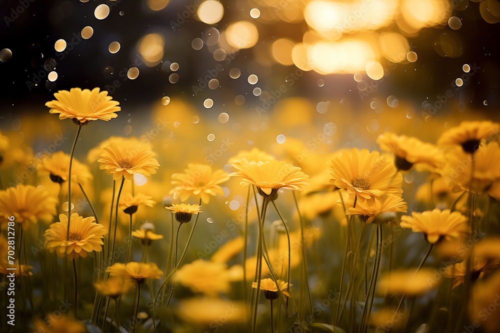 Field of yellow gerberas with beautiful sparkling yellow bokeh.