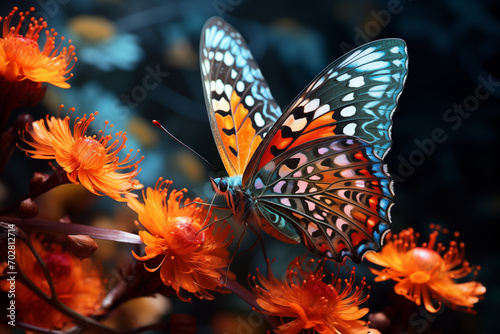 Brightly colored butterflies are clinging to flowers in search of nectar.