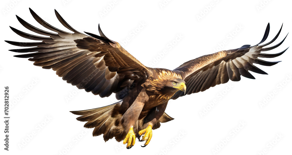 A beautiful golden eagle bird in flight on a white background - obrazy, fototapety, plakaty 