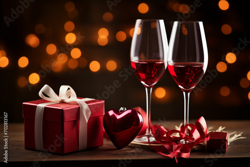 wine glasses with gifts and a heart